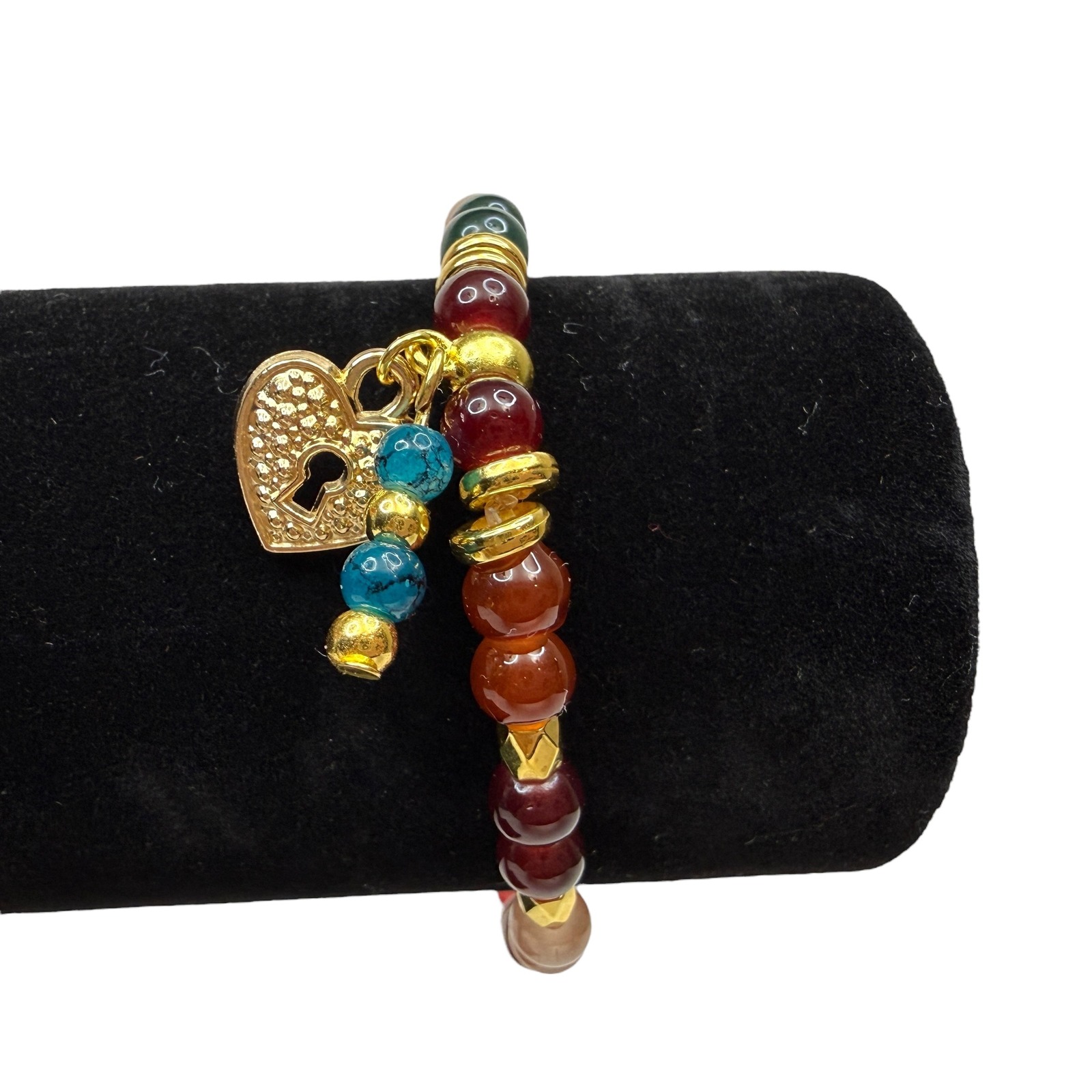 Boho Colorful Glass Gemstone Heart Charm Bracelet Gold Tone Stretch Band Wrist 7 15$